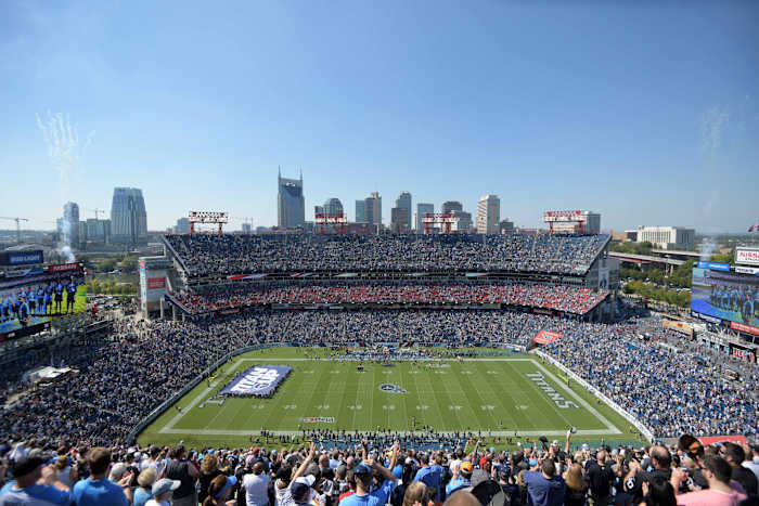 General view of Nissan Stadium and downtown Nashville skyline during a NFL football game between the Oakland Raiders and the Tennessee Titans.